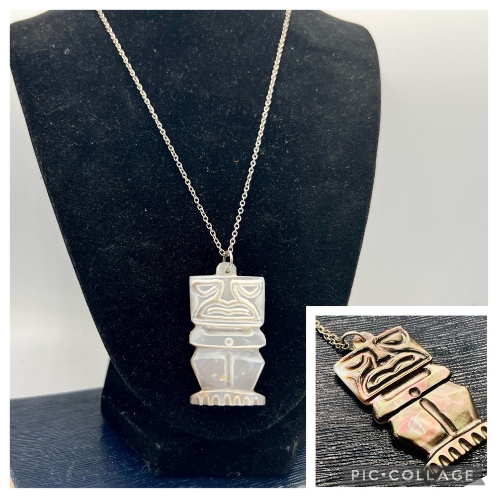 Vintage reversible carved mother of pearl tiki pendant tribal unique 18”